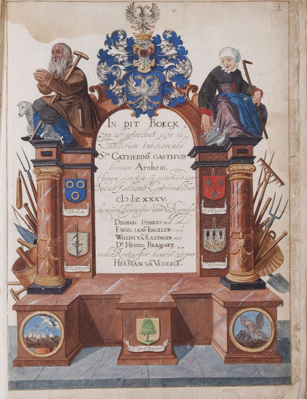 Gelders Archief: 558-0001 door Niclaes en Isack Geelkerck in 1635 vervaardigd embleem uit het kaartboek van aan het St. Catharinae gasthuis toebehorende landerijen