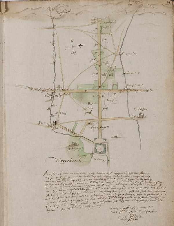 Gelders Archief-558-0006: in 1635 door Niclaes en Isack Geelkerck vervaardigde kaart uit het kaartboek van aan het St. Catharinae gasthuis toebehorende landerijen