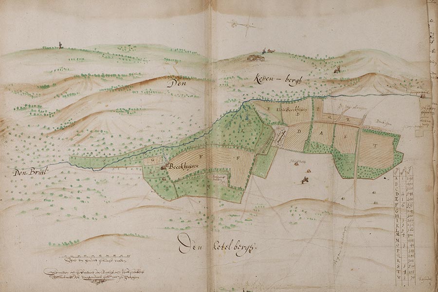 Gelders Archief: 558-0007 door Niclaes en Isack Geelkerck in 1635 vervaardigde kaart uit het kaartboek van aan het St. Catharinae gasthuis toebehorende landerijen