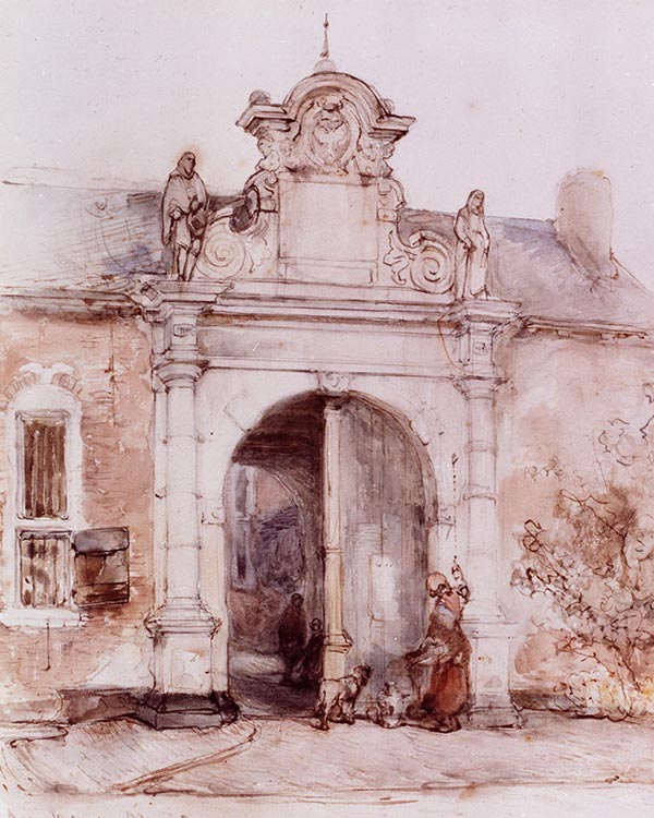 Ingang van het St. Catharina Gasthuis in de Beekstraat te Arnhem, 1841. Bron: Gelders Archief