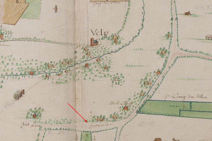 Gelders Archief-558-0005: in 1635 door Niclaes en Isack Geelkerck vervaardigde kaart uit het kaartboek van aan het St. Catharinae gasthuis toebehorende landerijen